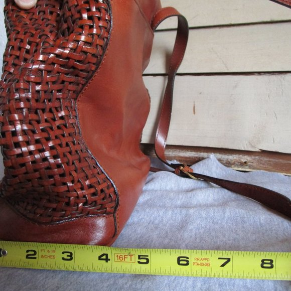 Brown leather wicker style handbag with long strap. Bruno Lorelli. 12x10" Used. - Picture 12 of 12